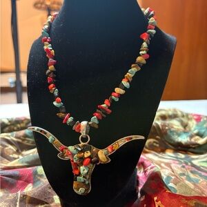 Colorful Beaded Bull Pendant Necklace